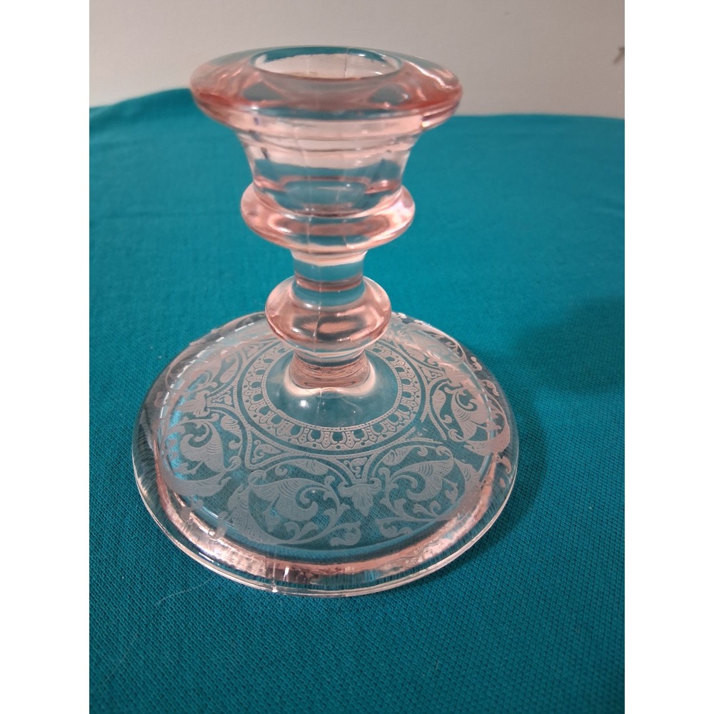 Vintage Pink Depression Glass Etched Floral Scroll Taper Candlestick Holder